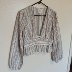 Lost & Wander Beige Striped V-Neck Crop Jacket Sz M